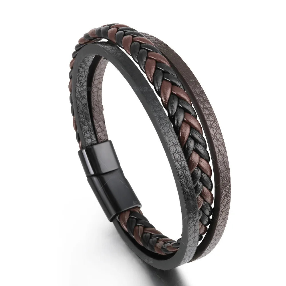 Trendy Men’s Leather Bracelets: Stainless Steel & Braided Rope