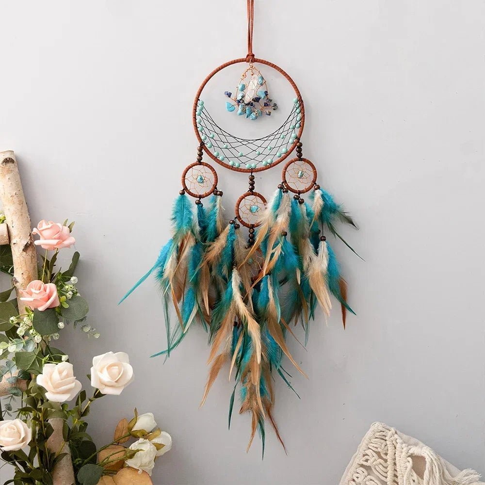 Handmade Dream-Catchers Hanging with Rattan Bead Feathers Wall Car Decoration Ornament Dreamcatchers Decoration Wind Chimes