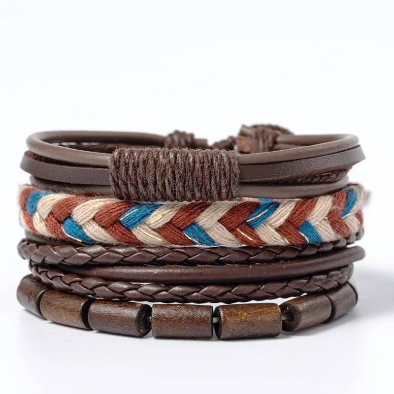 Vintage Tribal Leather Bracelets Set: Life Tree, Rudder & Wood Beads