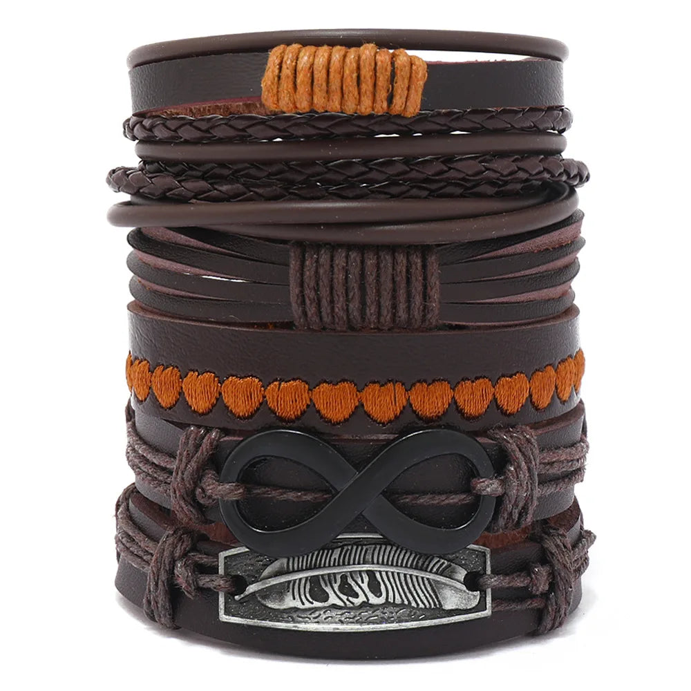 Men's Cowhide Bracelet Set: Infinity Symbol, Feather & Alloy Charms