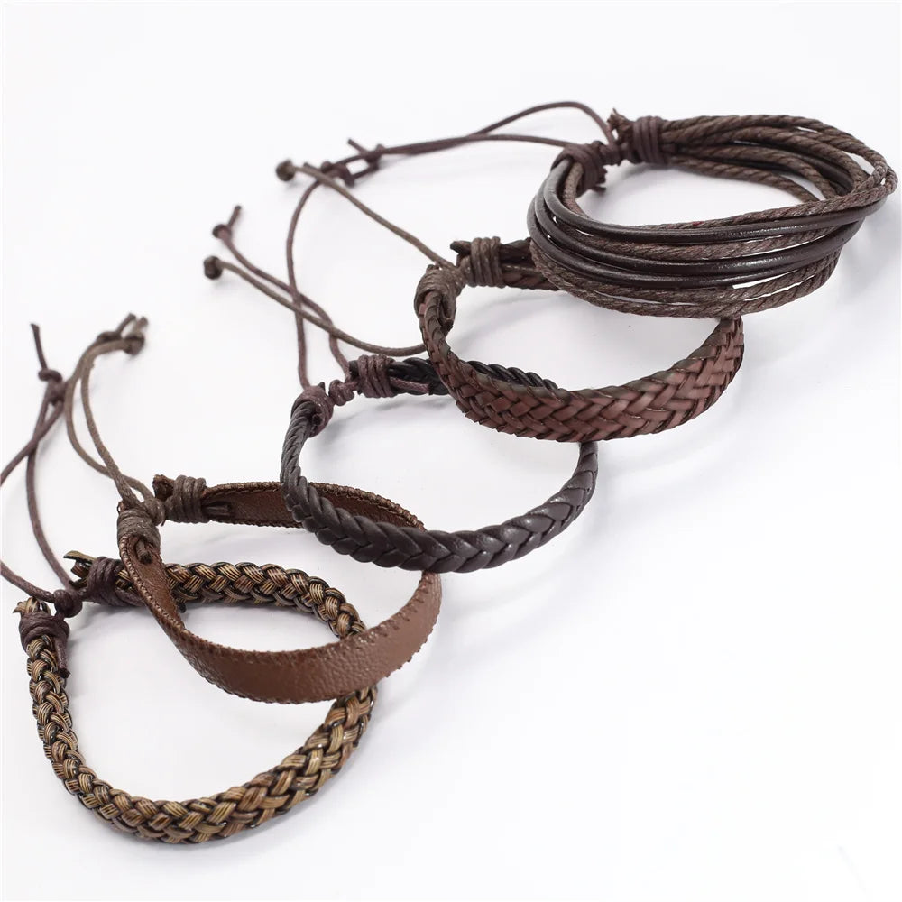 Handmade Brown Flower Leather Bracelet Set