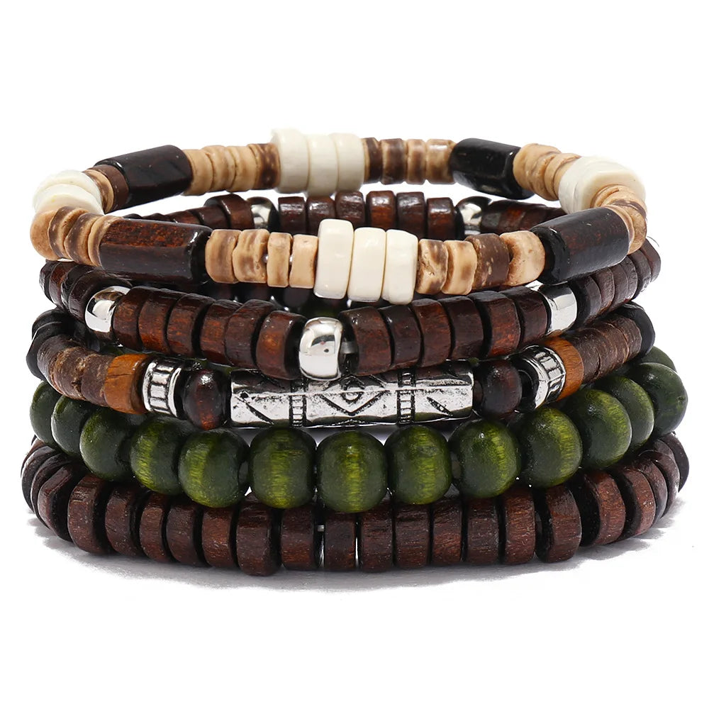 Boho Charm Bracelet Set: Wood Beads & Ethnic Charms