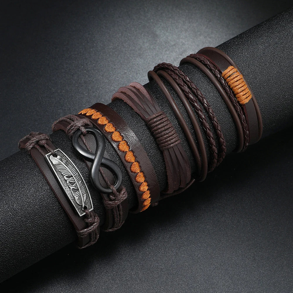 Men's Cowhide Bracelet Set: Infinity Symbol, Feather & Alloy Charms