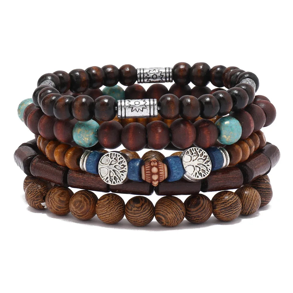 Boho Charm Bracelet Set: Wood Beads & Ethnic Charms