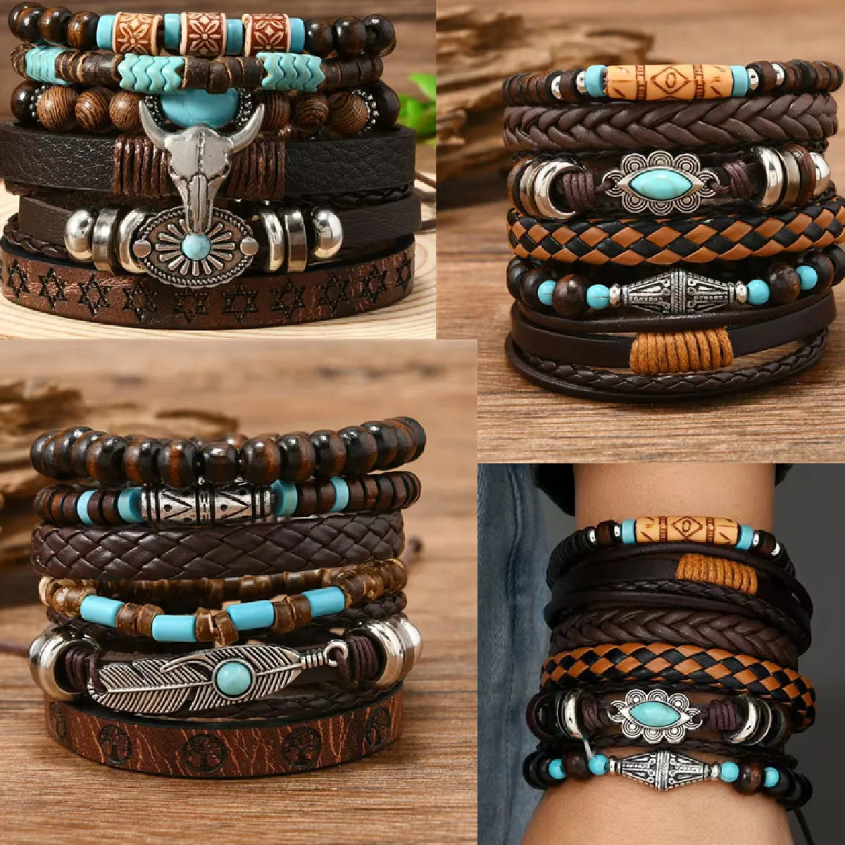 Juego de pulseras con dijes bohemios: pluma, ojo malvado, mano de Fátima y más