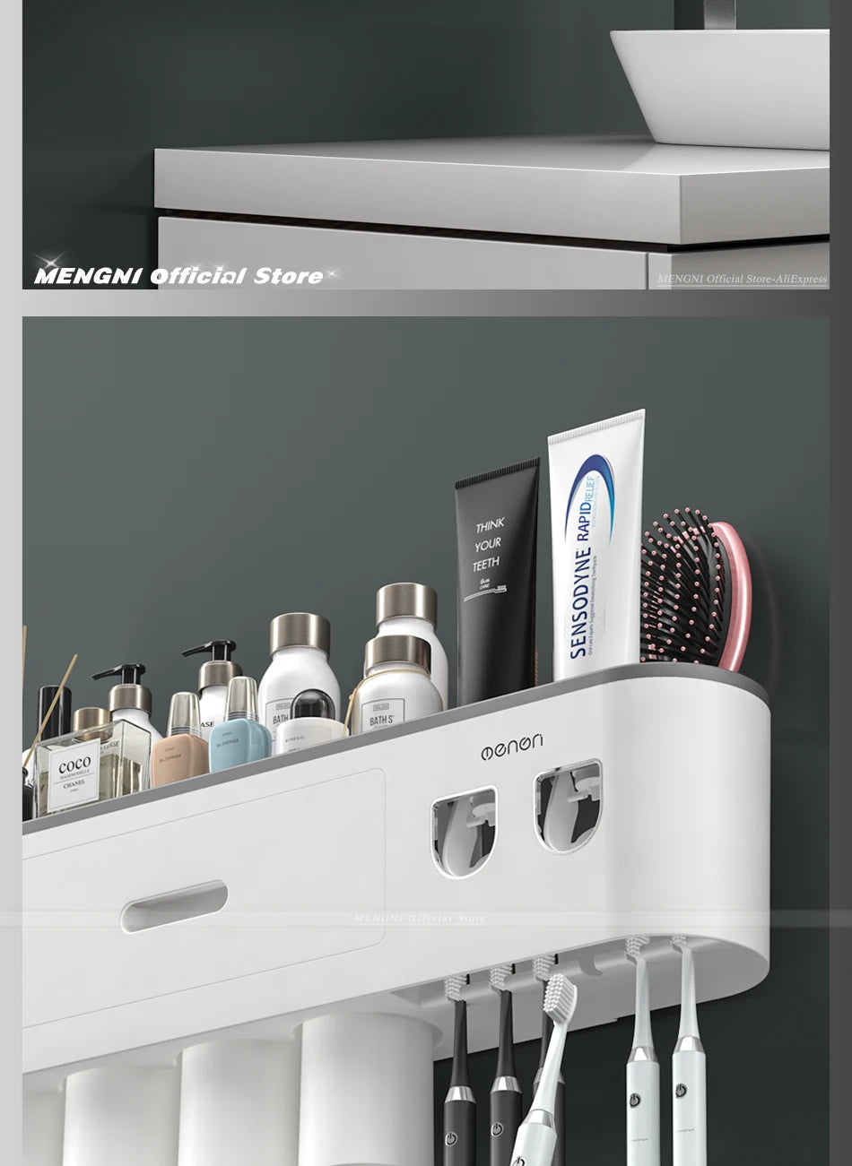 Magnetic Inverted Toothbrush Holder with Automatic Toothpaste Squeezer.