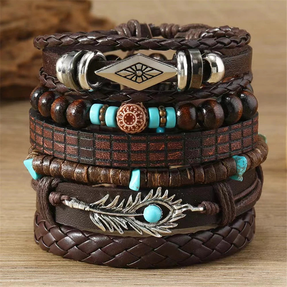 Juego de pulseras con dijes bohemios: pluma, ojo malvado, mano de Fátima y más