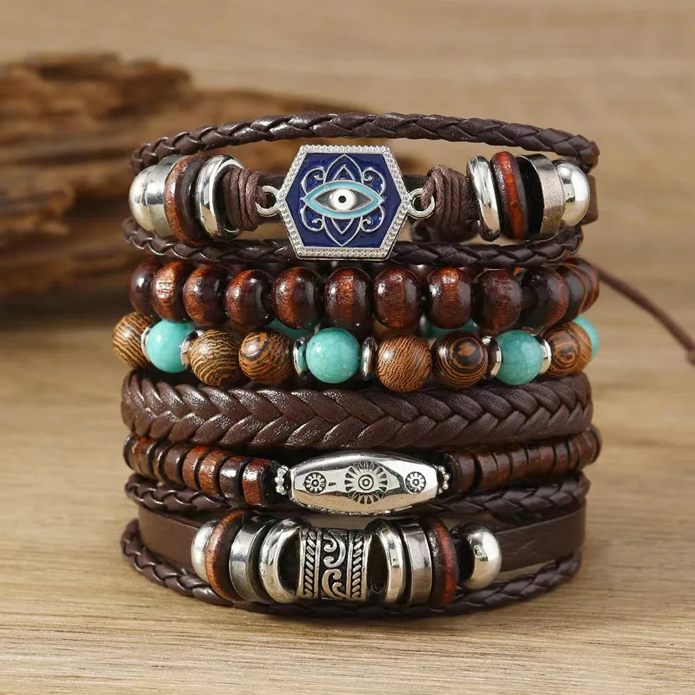 Juego de pulseras con dijes bohemios: pluma, ojo malvado, mano de Fátima y más