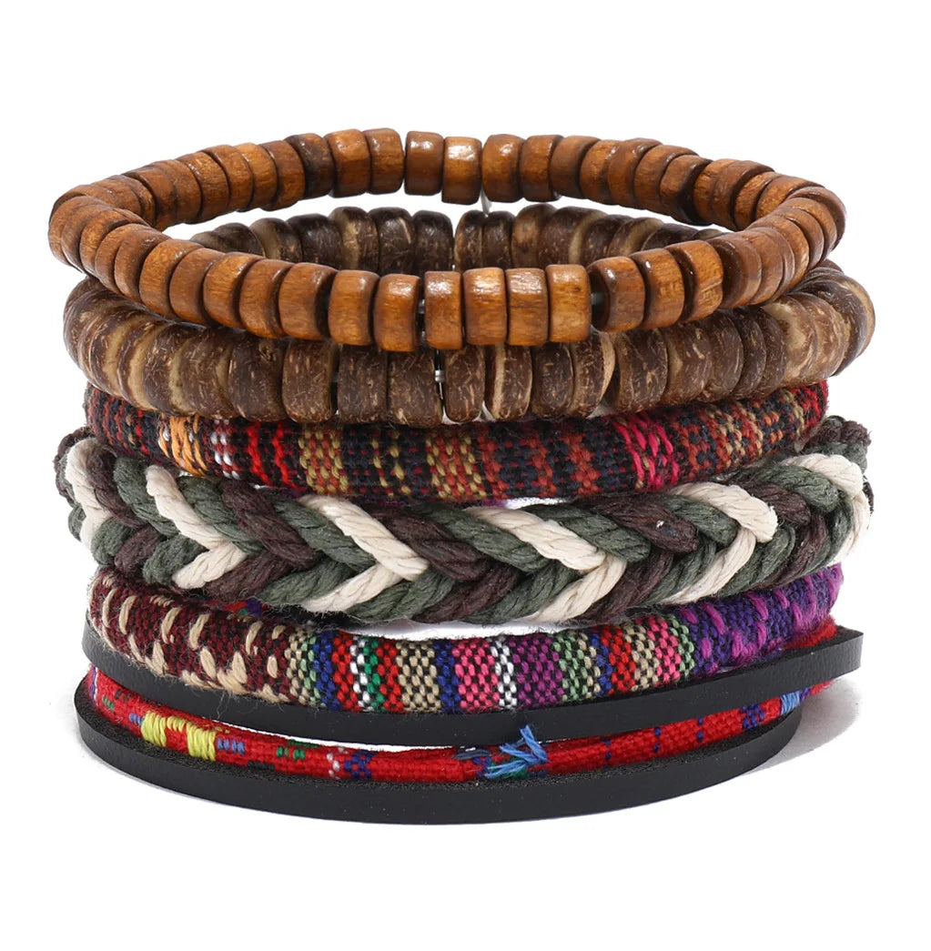 Ensemble de bracelets en cuir tribal vintage : arbre de vie, gouvernail et perles en bois