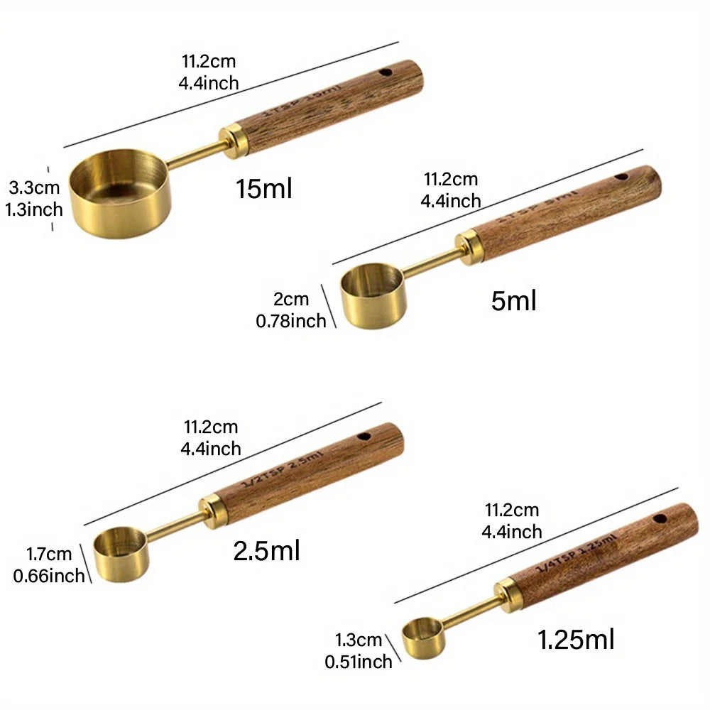 Wooden Handle Stainless Steel Measuring Cups & Spoons Set - 4/8 Pieces