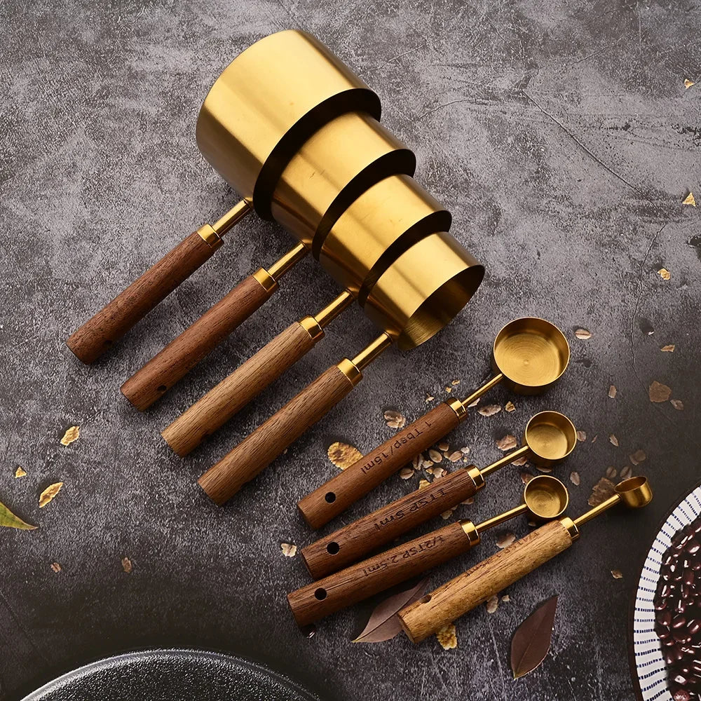 Wooden Handle Stainless Steel Measuring Cups & Spoons Set - 4/8 Pieces