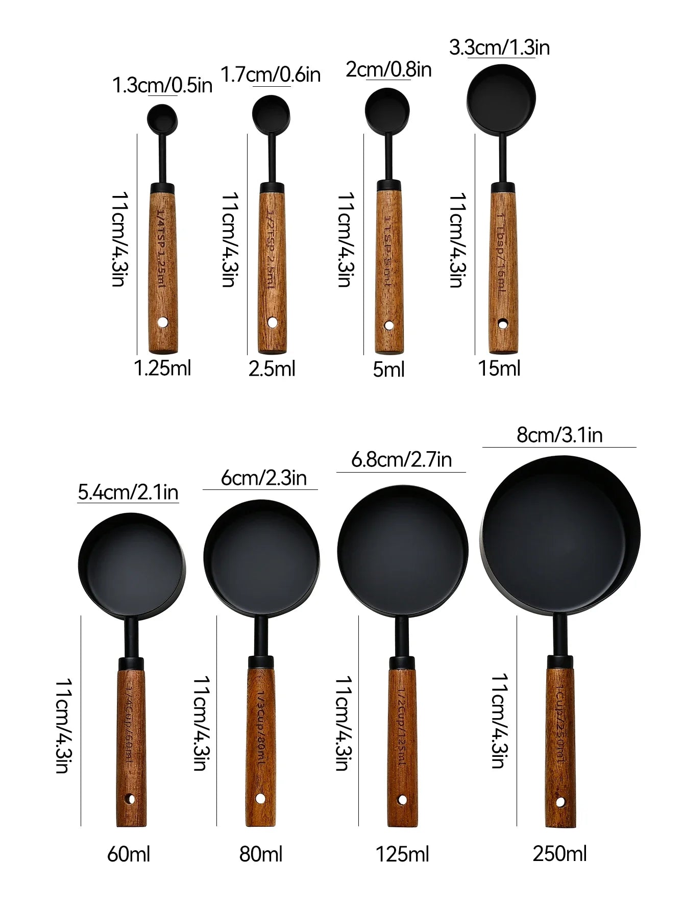 Wooden Handle Stainless Steel Measuring Cups & Spoons Set - 4/8 Pieces