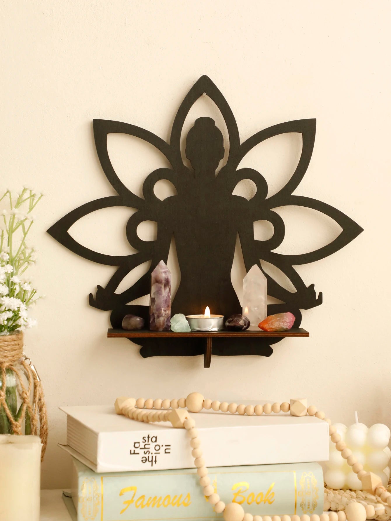 Buddha Boho Wooden Wall Shelf - Lotus Crystal Display Stand