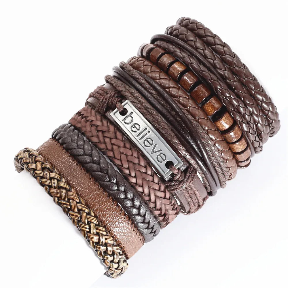 Handmade Brown Flower Leather Bracelet Set