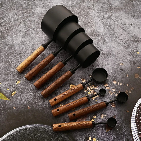 Ensemble de tasses et cuillères à mesurer en acier inoxydable avec manche en bois - 4/8 pièces