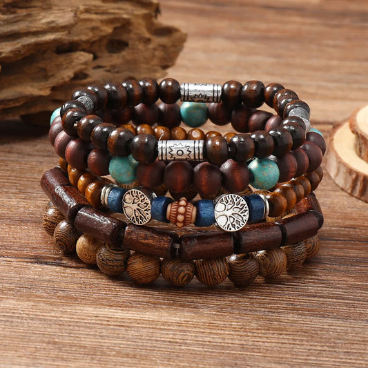 Boho Charm Bracelet Set: Wood Beads & Ethnic Charms