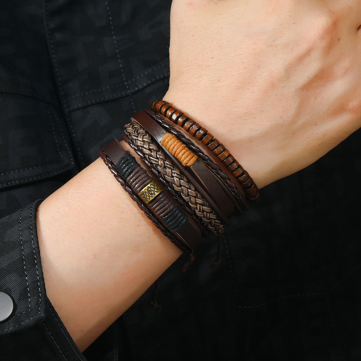 Vintage Tribal Leather Bracelets Set: Life Tree, Rudder & Wood Beads