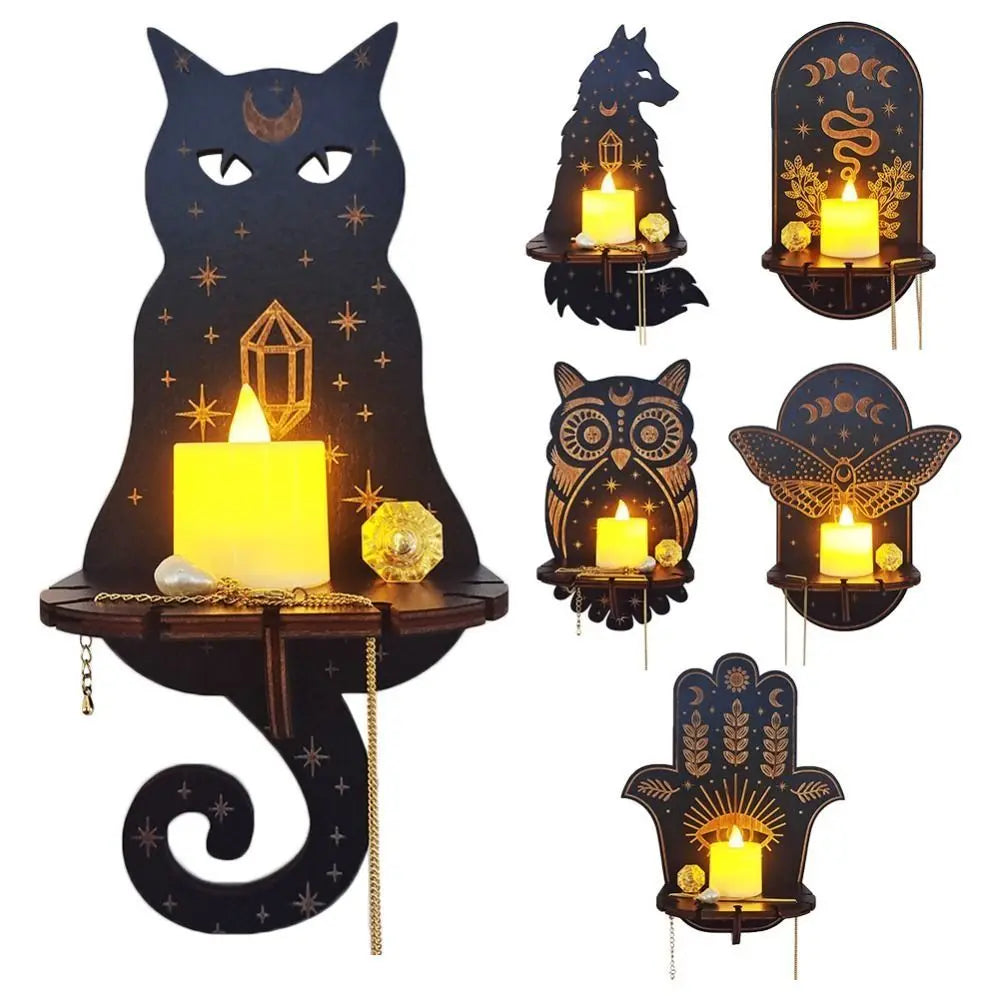 Owl Carved Wooden Candle Holder and Crystal Display Shelf