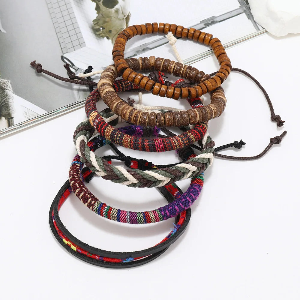 Vintage Tribal Leather Bracelets Set: Life Tree, Rudder & Wood Beads