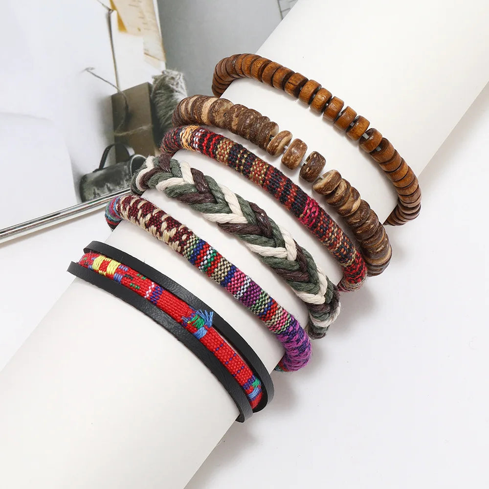 Vintage Tribal Leather Bracelets Set: Life Tree, Rudder & Wood Beads