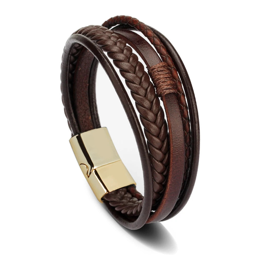 Trendy Men’s Leather Bracelets: Stainless Steel & Braided Rope