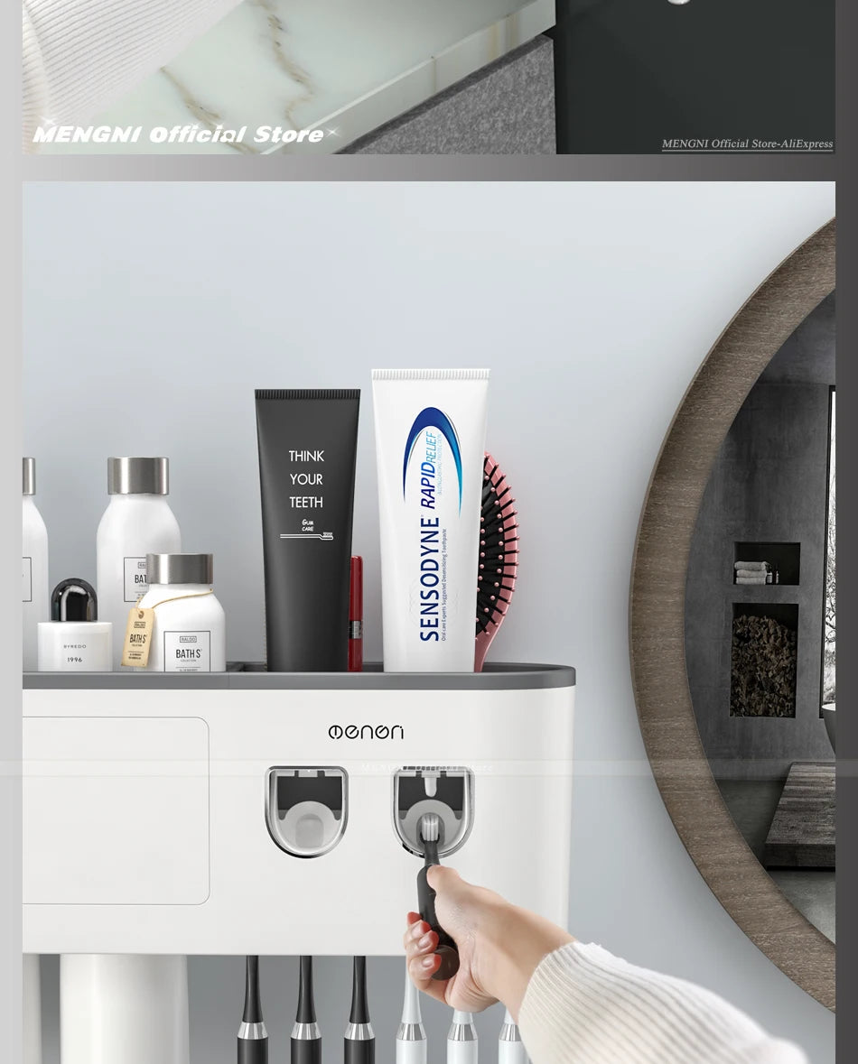 Magnetic Inverted Toothbrush Holder with Automatic Toothpaste Squeezer.