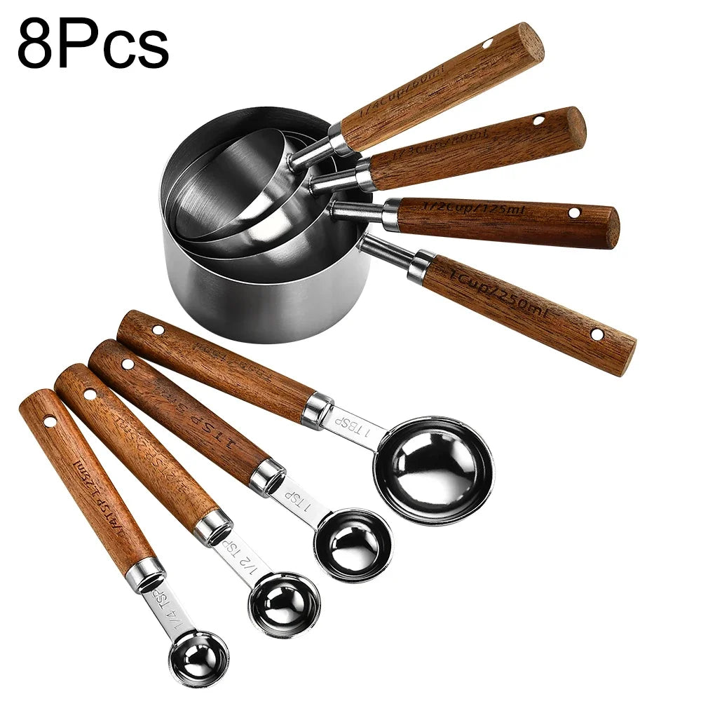 Wooden Handle Stainless Steel Measuring Cups & Spoons Set - 4/8 Pieces