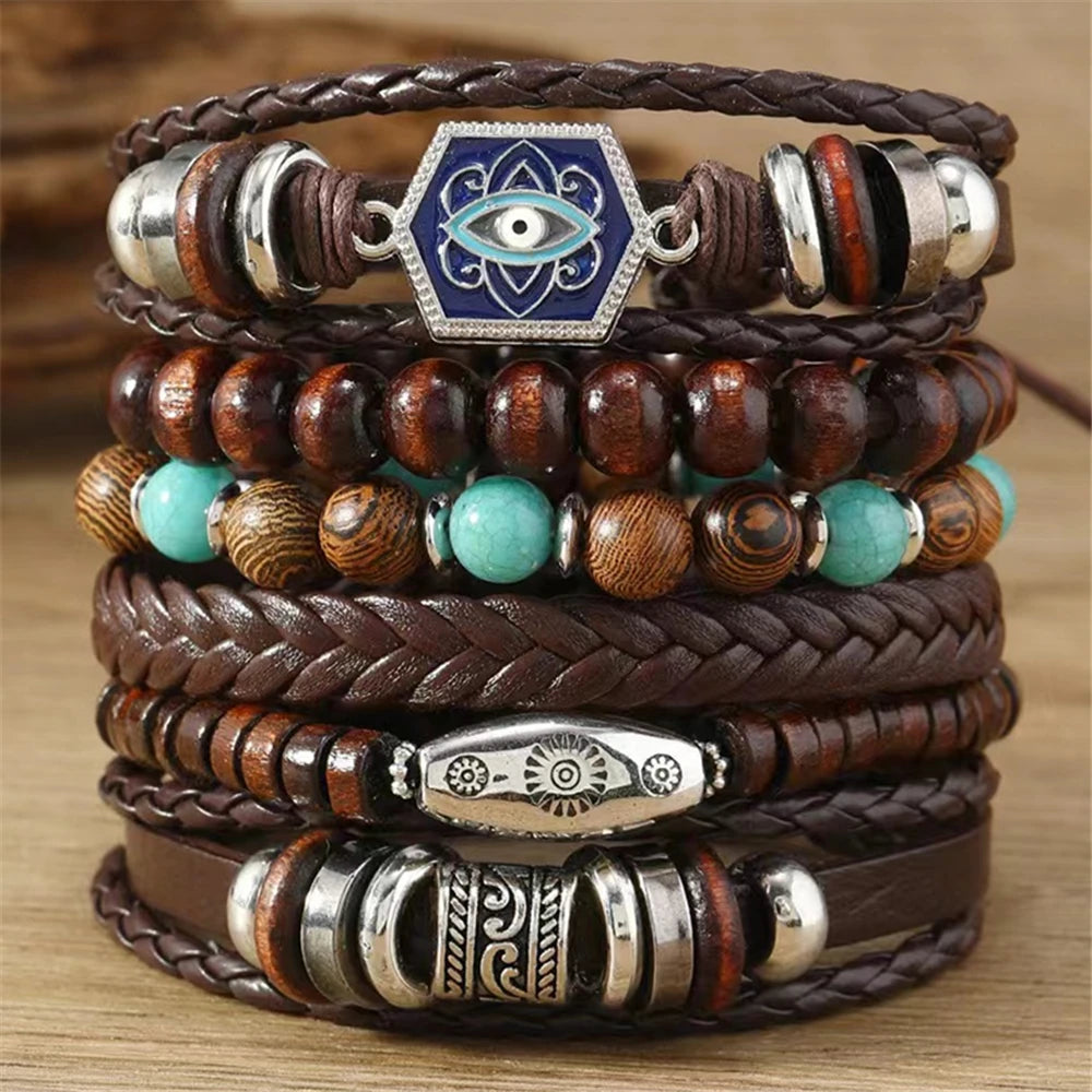 Juego de pulseras con dijes bohemios: pluma, ojo malvado, mano de Fátima y más