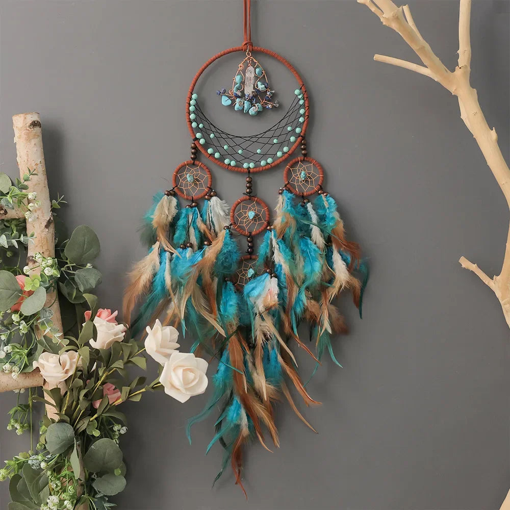 Handmade Dream-Catchers Hanging with Rattan Bead Feathers Wall Car Decoration Ornament Dreamcatchers Decoration Wind Chimes