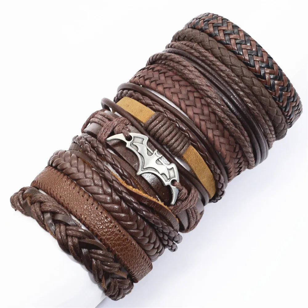 Handmade Brown Flower Leather Bracelet Set