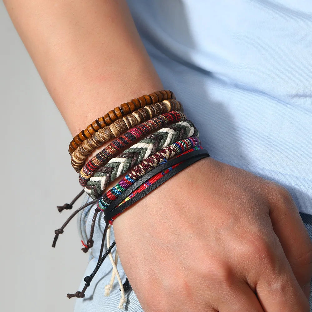 Vintage Tribal Leather Bracelets Set: Life Tree, Rudder & Wood Beads