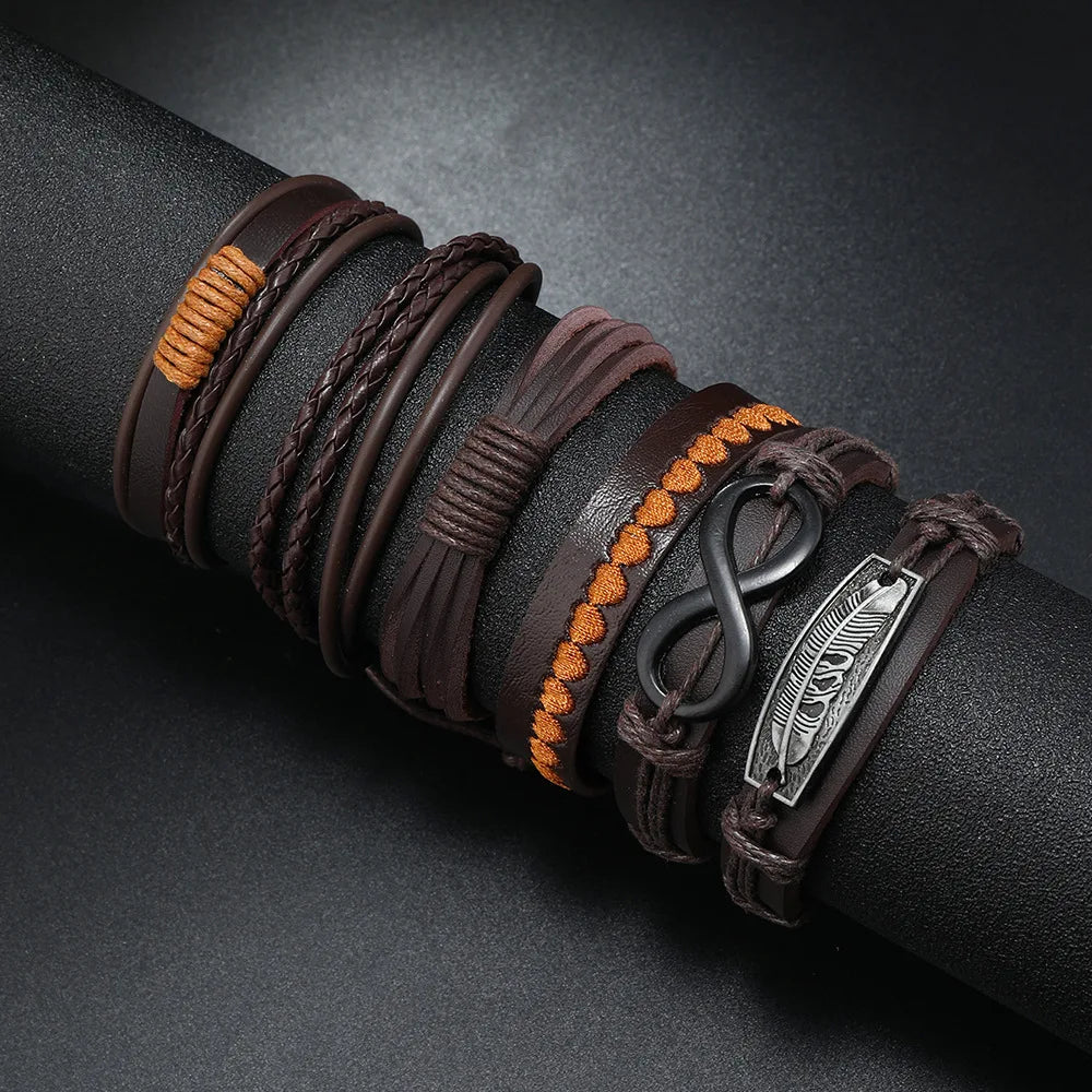 Ensemble de bracelets en cuir de vache pour homme : symbole de l'infini, plume et breloques en alliage