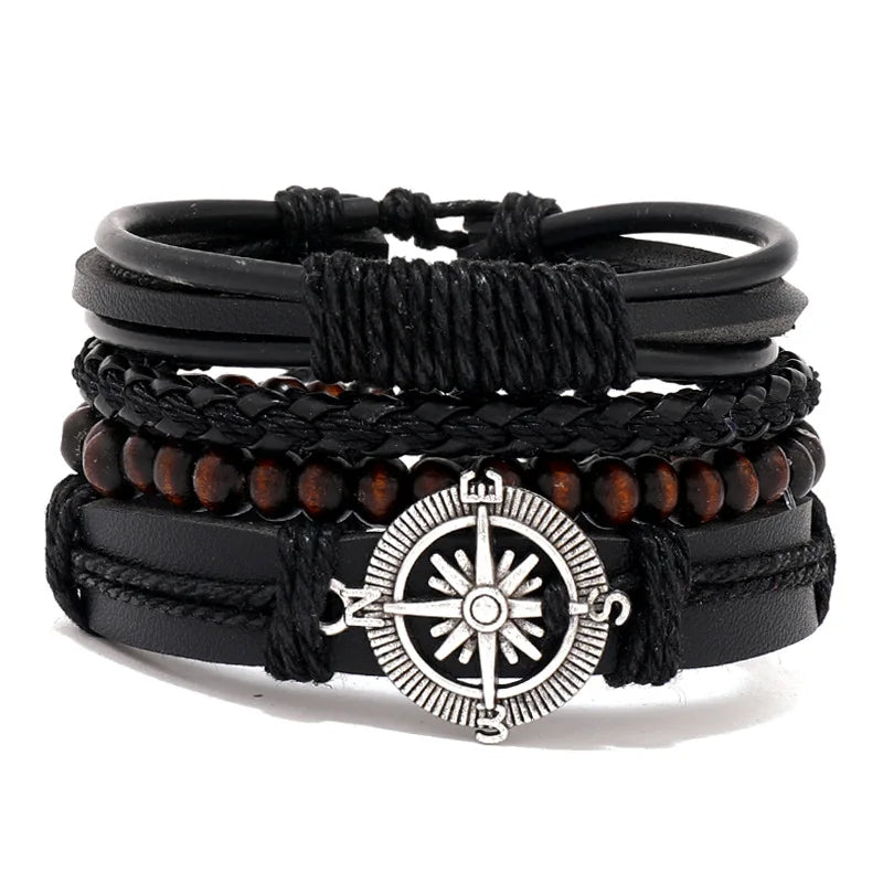 Vintage Tribal Leather Bracelets Set: Life Tree, Rudder & Wood Beads