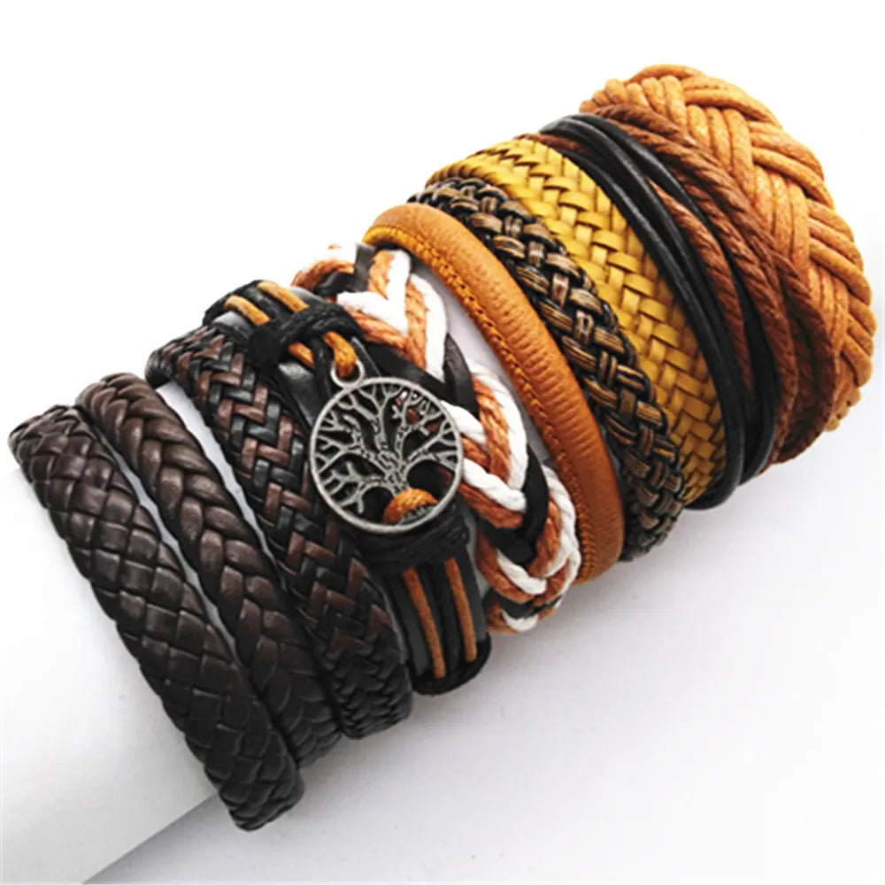 Handmade Brown Flower Leather Bracelet Set