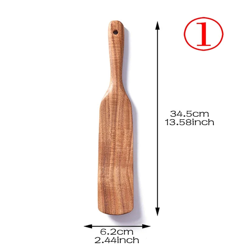 Juego de utensilios de cocina de madera de teca tailandesa de 7 piezas: colador de arroz, espumadera y cucharas para cocinar; ecológico y reutilizable