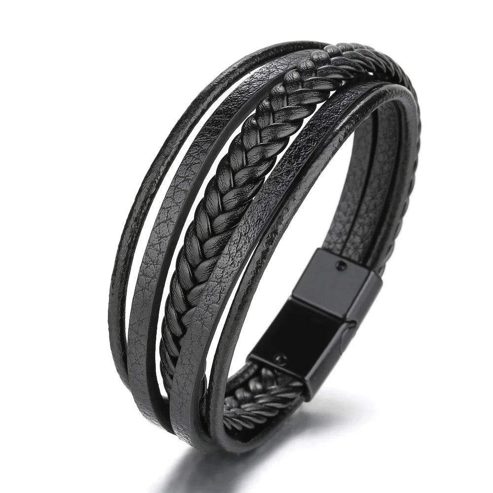 Trendy Men’s Leather Bracelets: Stainless Steel & Braided Rope