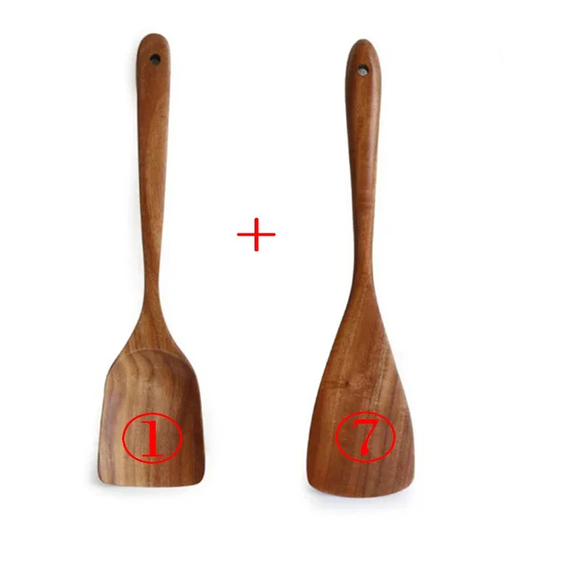 Juego de utensilios de cocina de madera de teca tailandesa de 7 piezas: colador de arroz, espumadera y cucharas para cocinar; ecológico y reutilizable