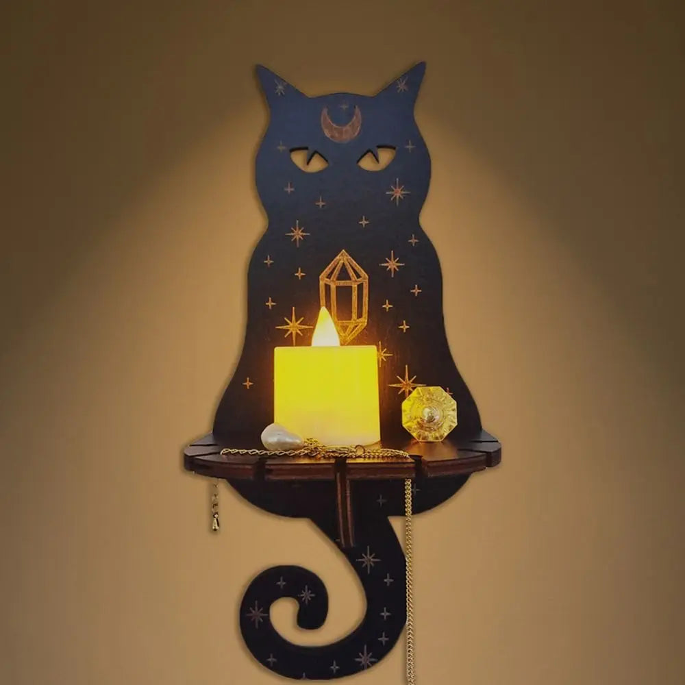 Owl Carved Wooden Candle Holder and Crystal Display Shelf