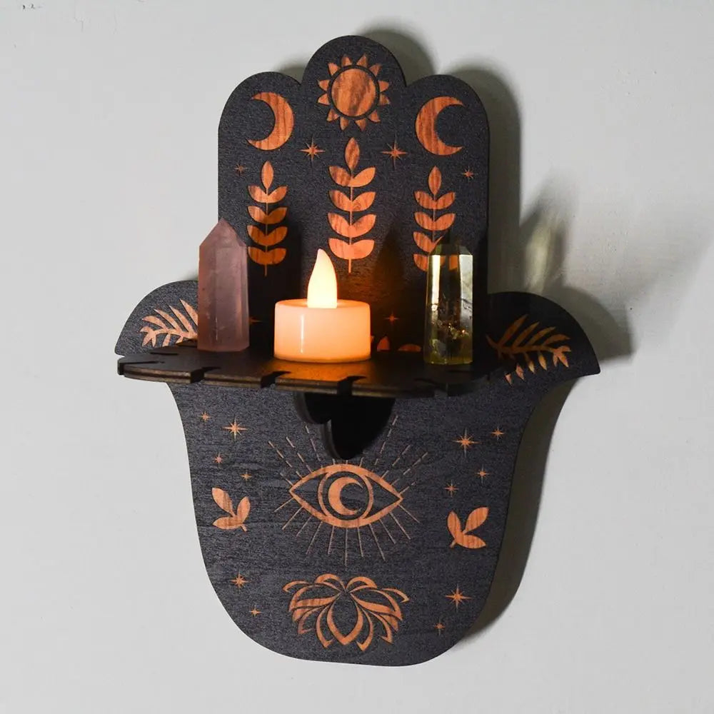 Owl Carved Wooden Candle Holder and Crystal Display Shelf