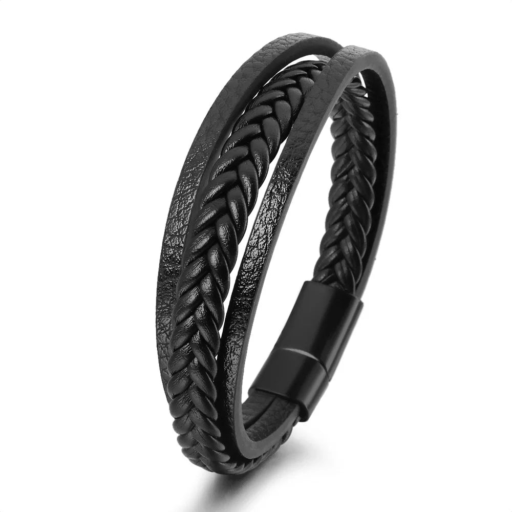 Trendy Men’s Leather Bracelets: Stainless Steel & Braided Rope