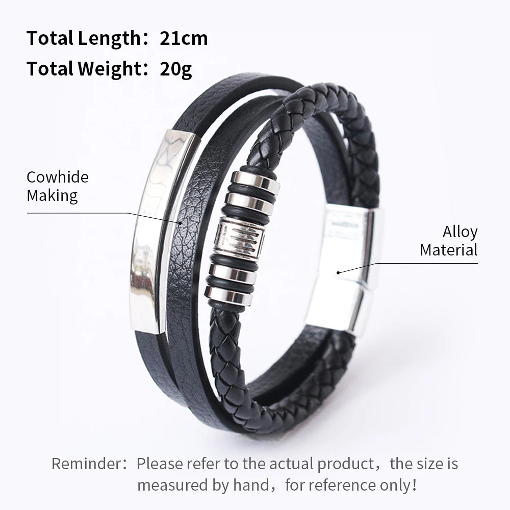 Trendy Men’s Leather Bracelets: Stainless Steel & Braided Rope