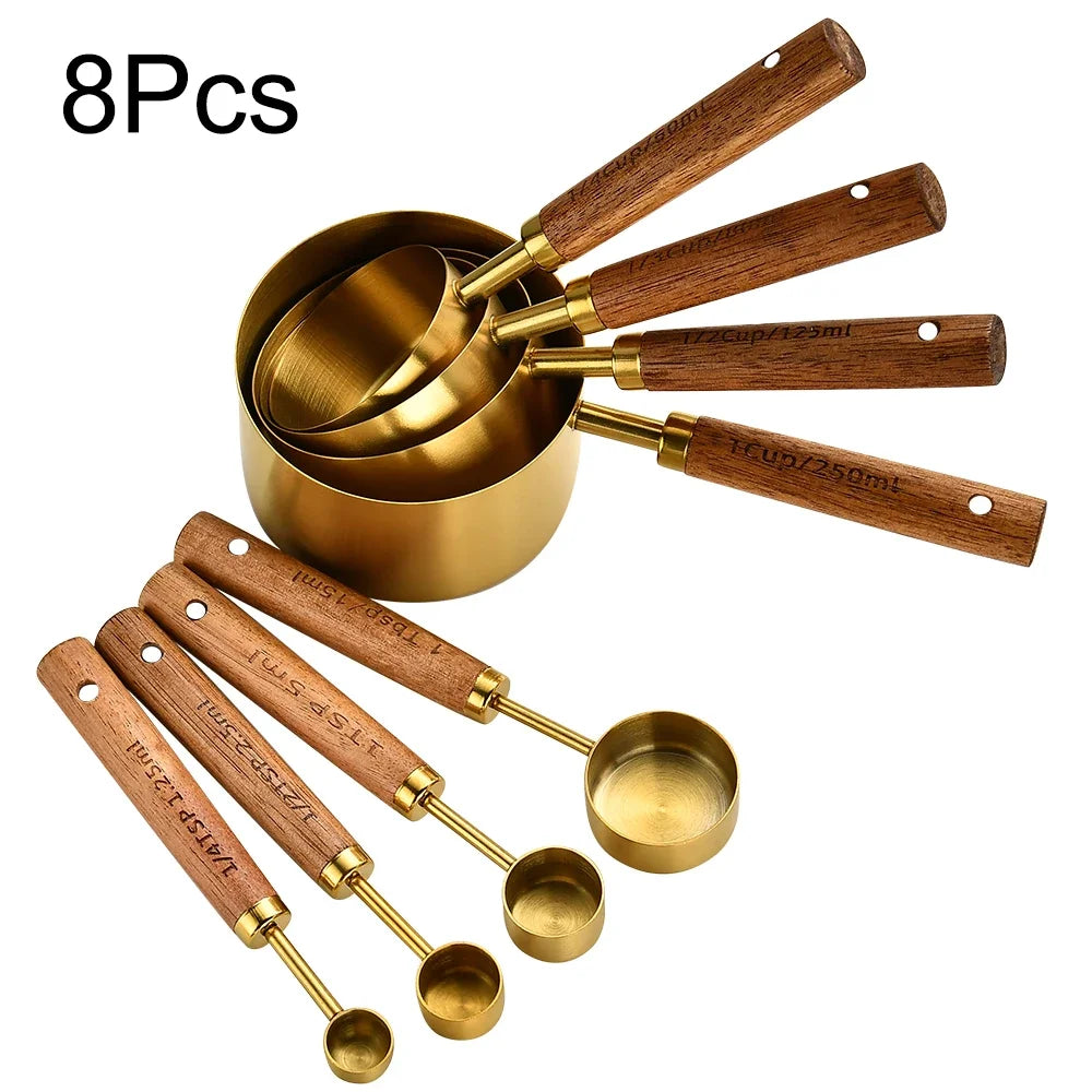 Wooden Handle Stainless Steel Measuring Cups & Spoons Set - 4/8 Pieces