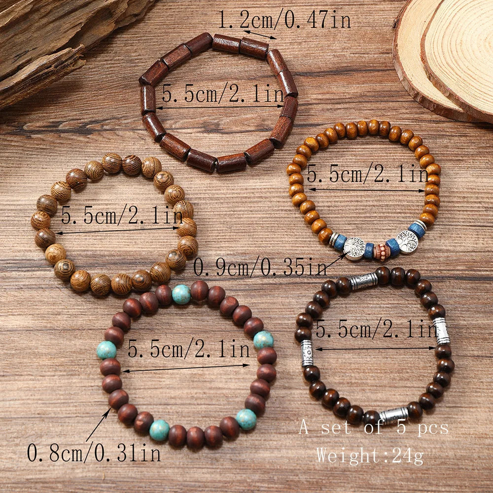 Boho Charm Bracelet Set: Wood Beads & Ethnic Charms