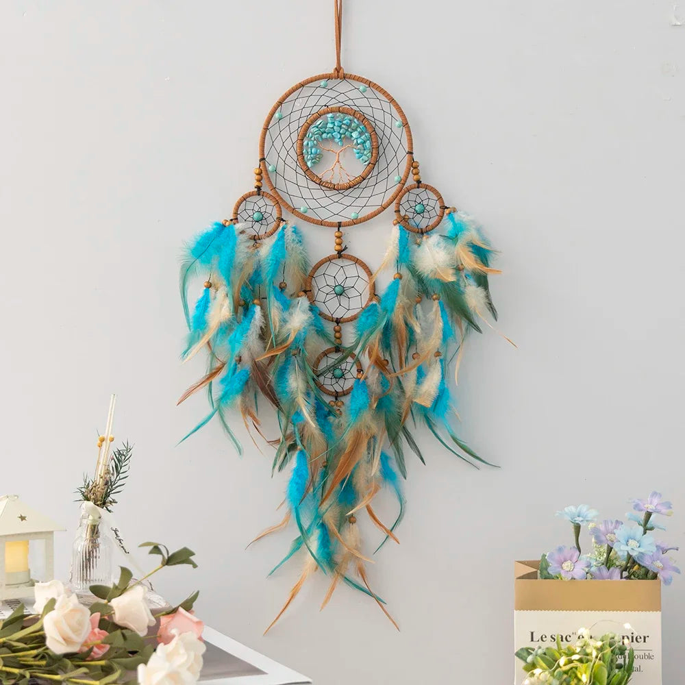 Handmade Dream-Catchers Hanging with Rattan Bead Feathers Wall Car Decoration Ornament Dreamcatchers Decoration Wind Chimes