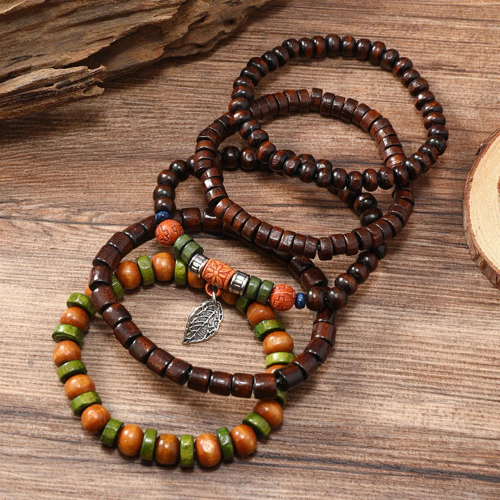 Boho Charm Bracelet Set: Wood Beads & Ethnic Charms