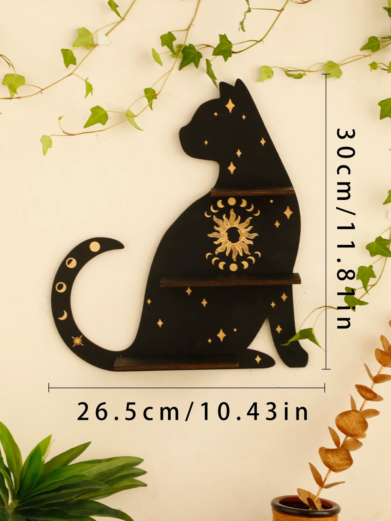 Black Cat Moon Phase Wooden Shelf for Witchy Home Decor