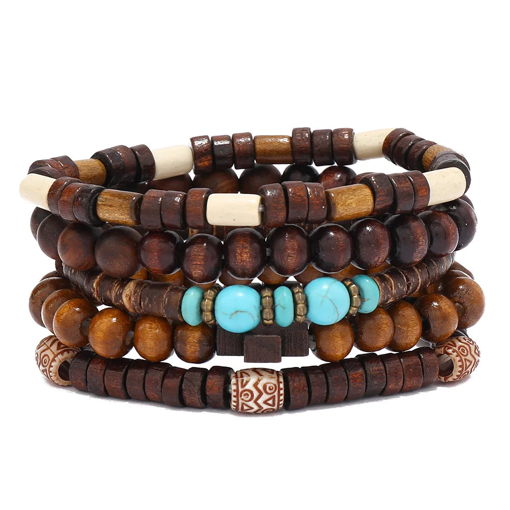 Boho Charm Bracelet Set: Wood Beads & Ethnic Charms