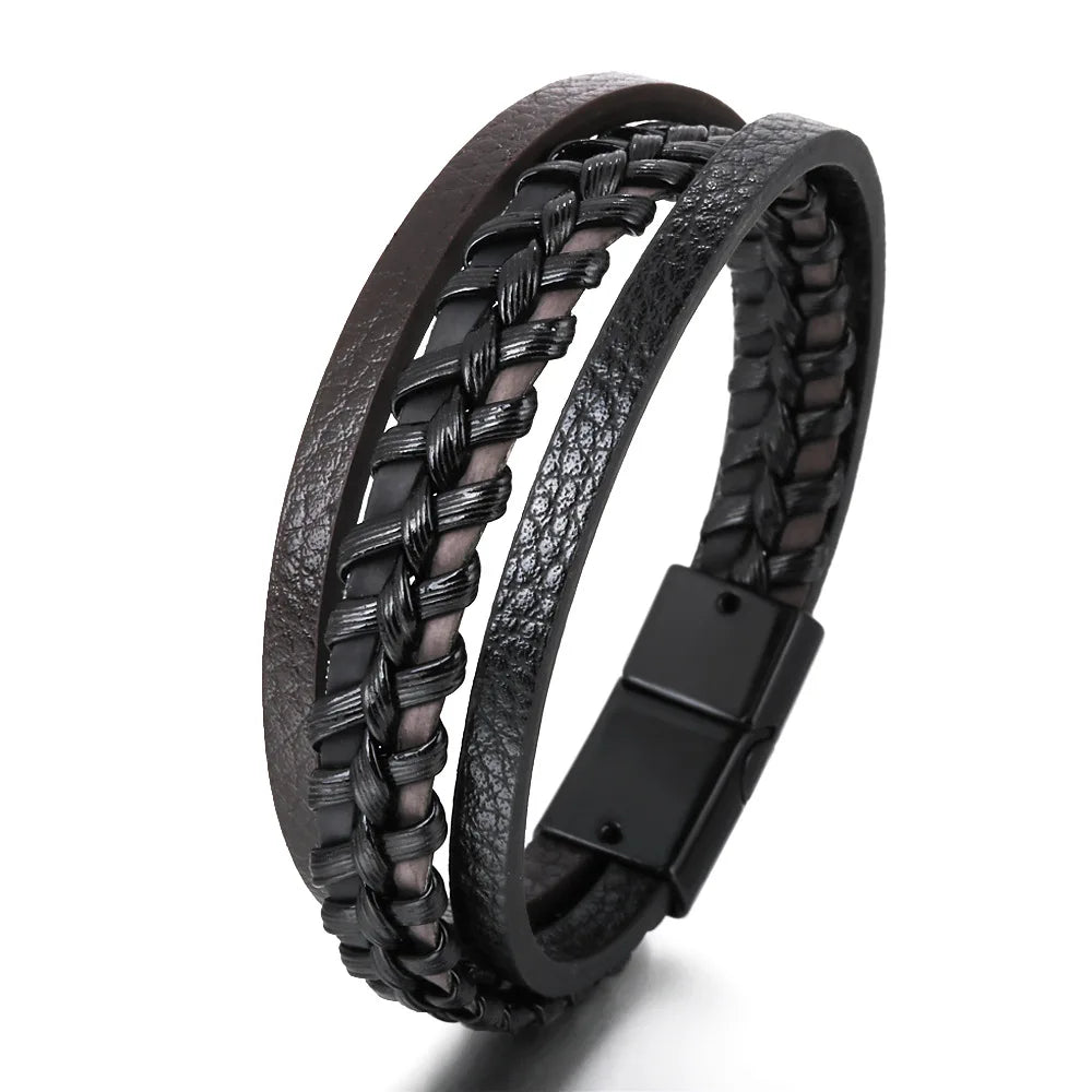 Trendy Men’s Leather Bracelets: Stainless Steel & Braided Rope