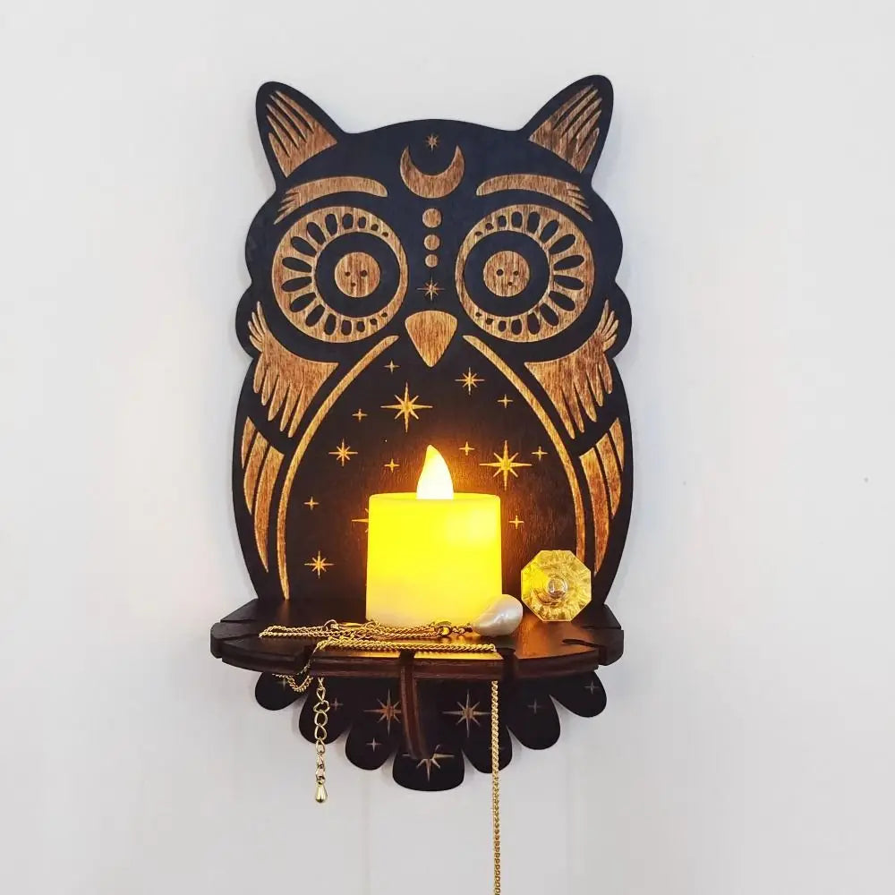 Owl Carved Wooden Candle Holder and Crystal Display Shelf