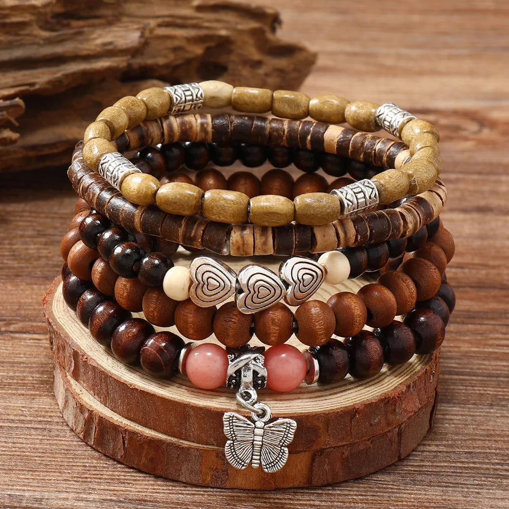 Boho Charm Bracelet Set: Wood Beads & Ethnic Charms